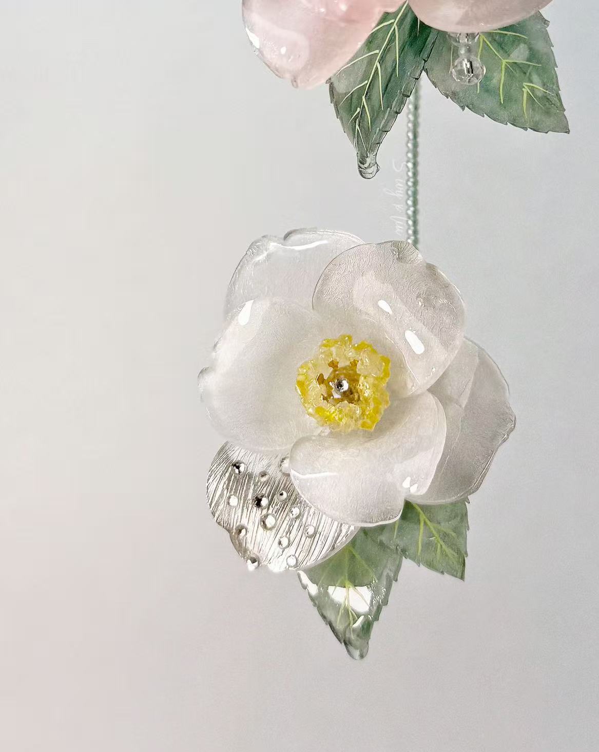 Elegant Gem Resin Camellia Clip-On Earrings for Ladies