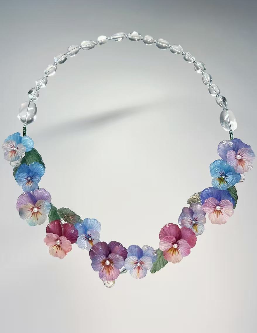 Crystal and Pansy Flower Delicate Necklace