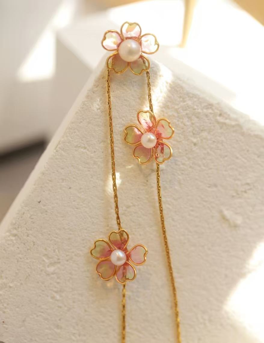 Handmade Cherry Blossom Dangle Earrings – Long Floral Resin Flower Drop Ear Jewelry