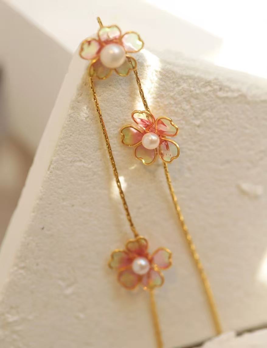 Handmade Cherry Blossom Dangle Earrings – Long Floral Resin Flower Drop Ear Jewelry