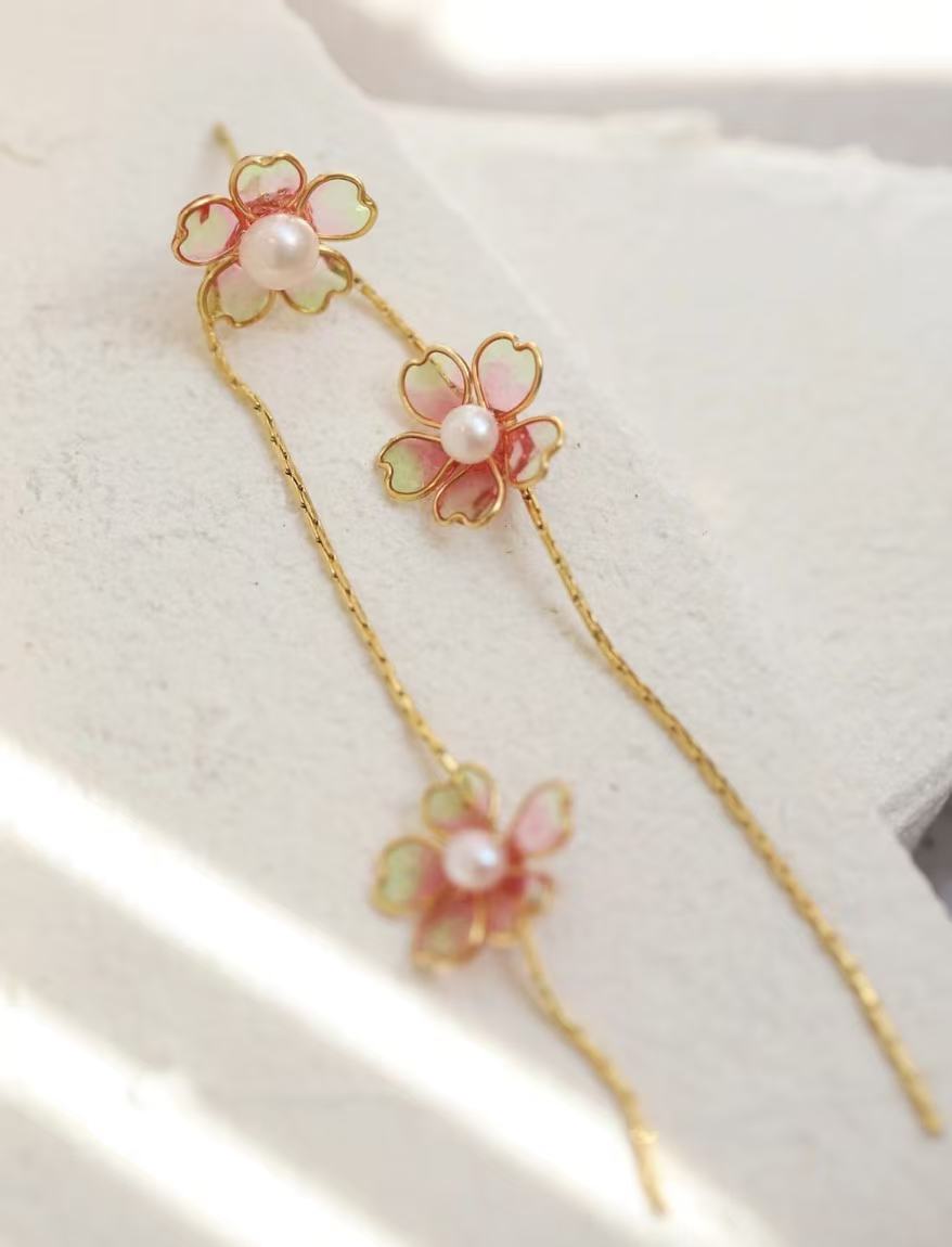 Handmade Cherry Blossom Dangle Earrings – Long Floral Resin Flower Drop Ear Jewelry