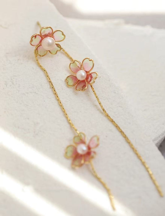 Handmade Cherry Blossom Dangle Earrings – Long Floral Resin Flower Drop Ear Jewelry