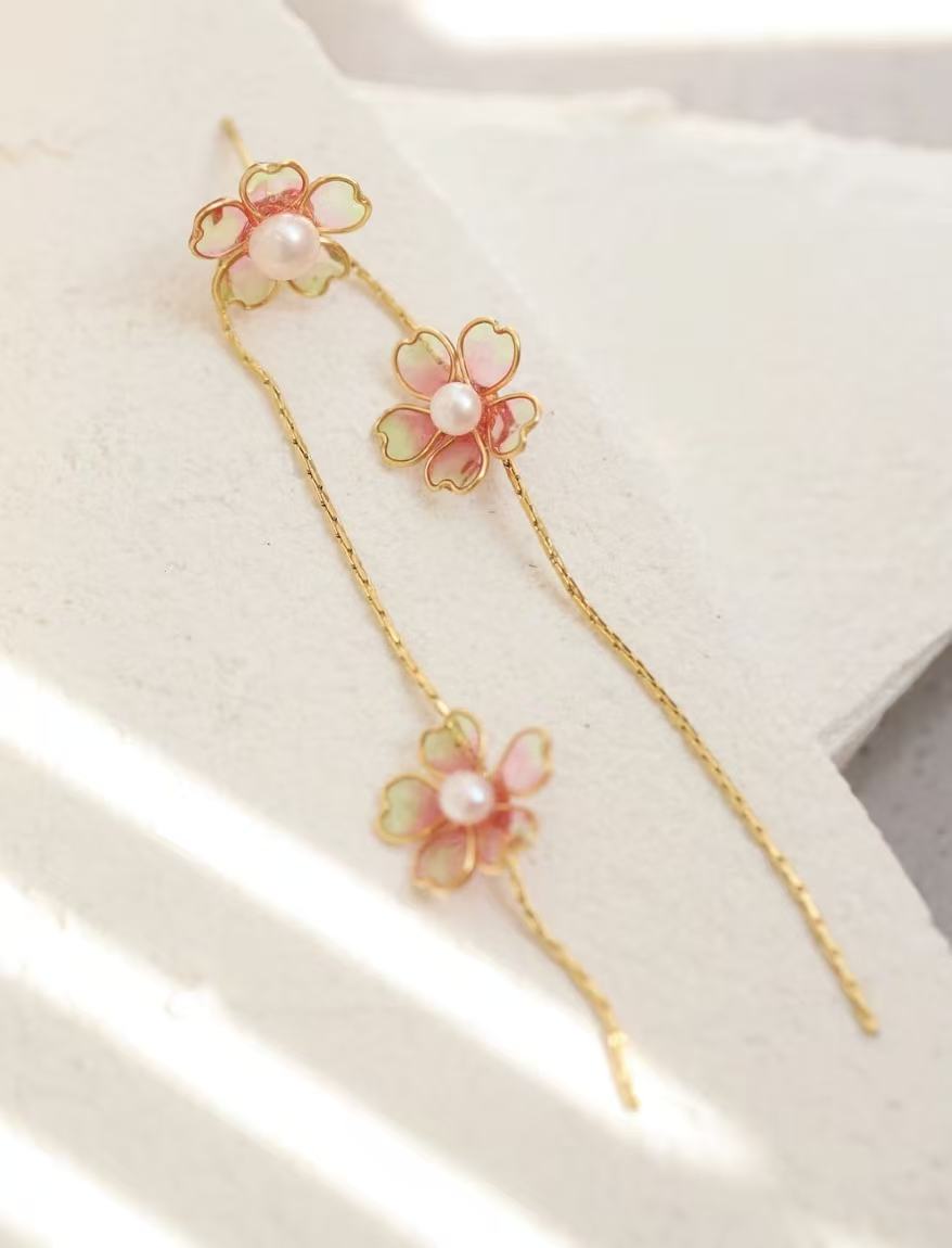 Handmade Cherry Blossom Dangle Earrings – Long Floral Resin Flower Drop Ear Jewelry