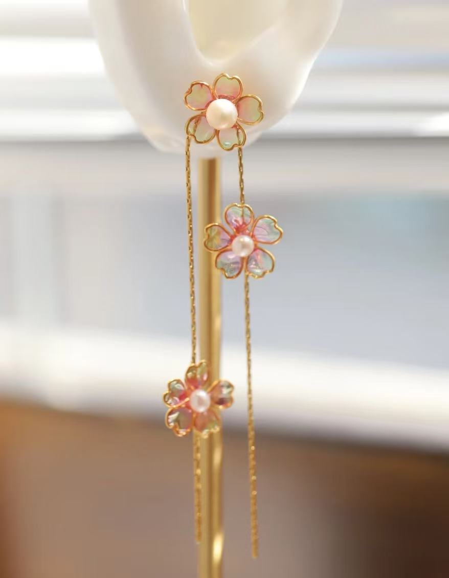 Handmade Cherry Blossom Dangle Earrings – Long Floral Resin Flower Drop Ear Jewelry