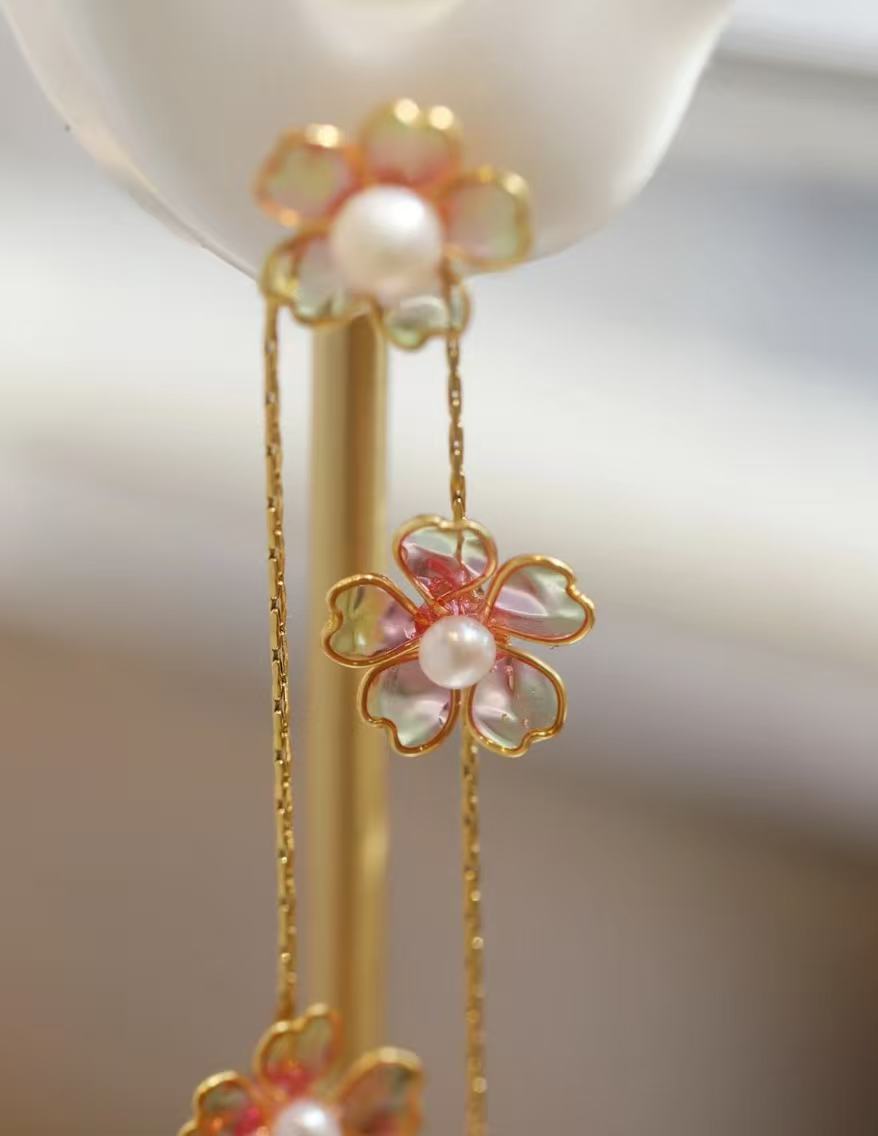 Handmade Cherry Blossom Dangle Earrings – Long Floral Resin Flower Drop Ear Jewelry