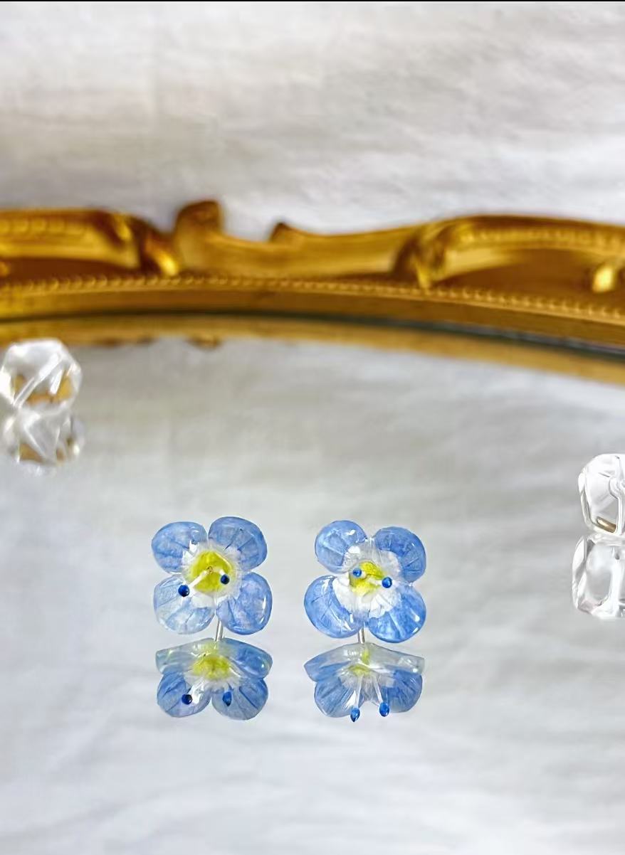 Handmade Resin Blue Tiny Flower Stud Earrings