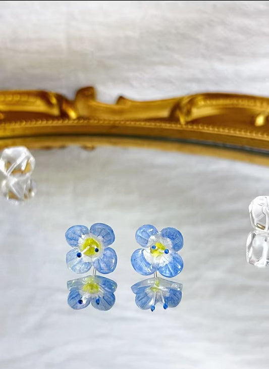 Handmade Resin Blue Tiny Flower Stud Earrings