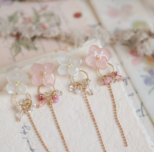 Real Flower Resin Hydrangea Tassel 2-in-1 Stud Earrings
