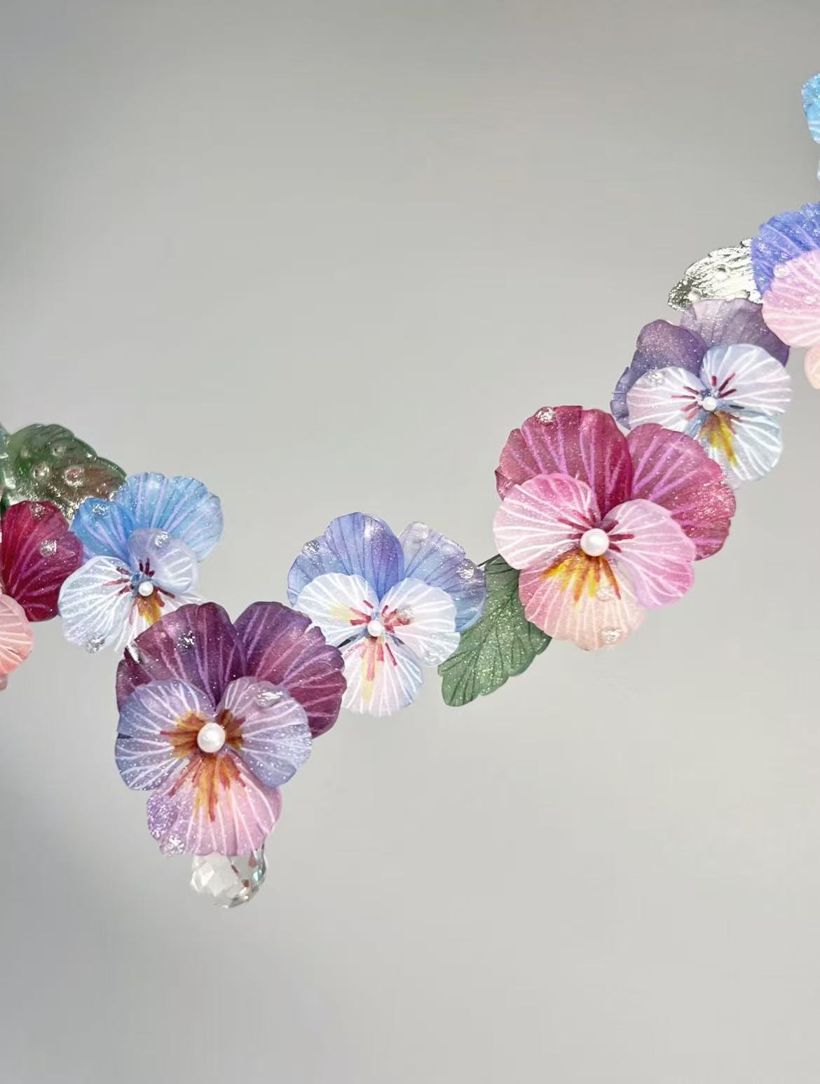Crystal and Pansy Flower Delicate Necklace