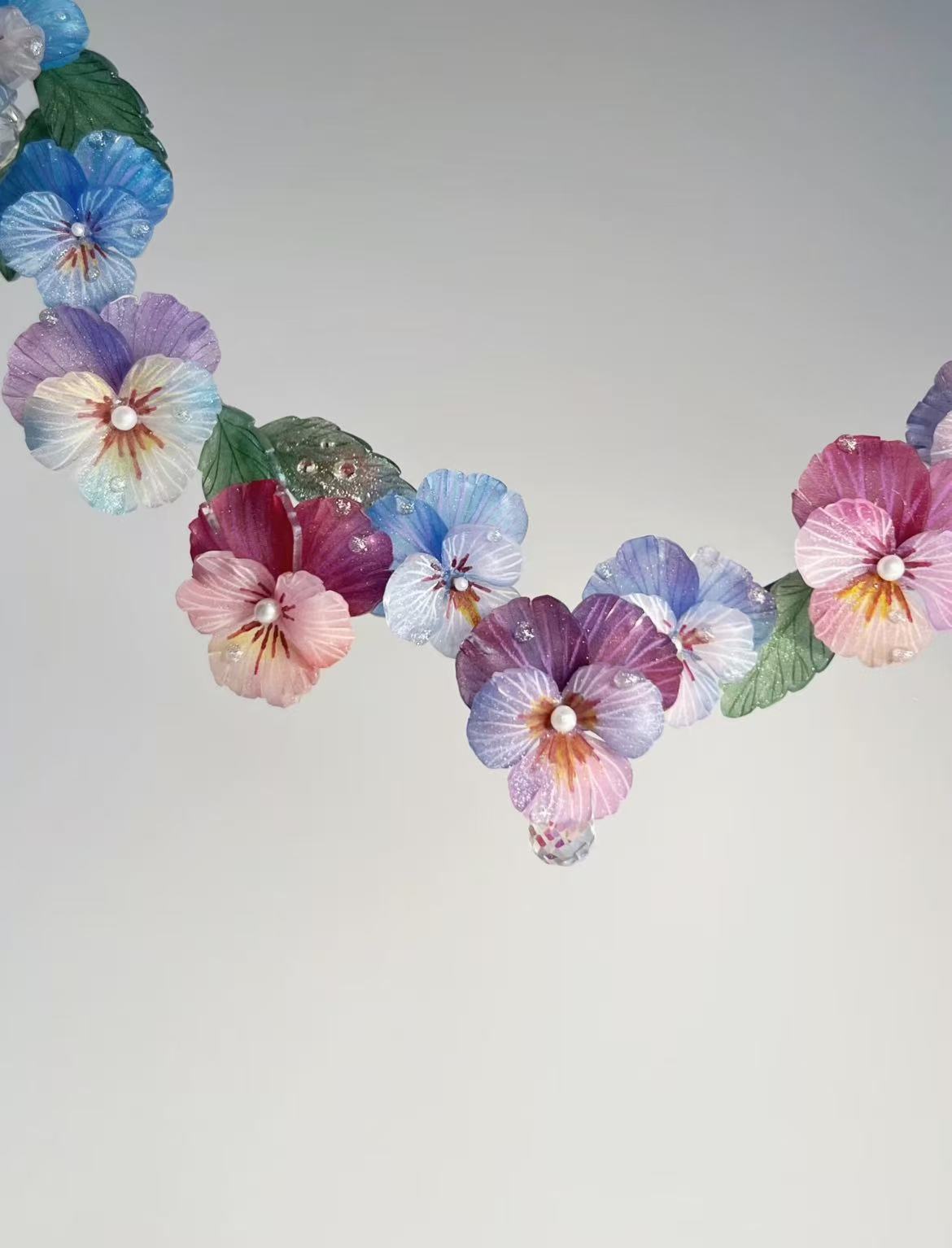 Crystal and Pansy Flower Delicate Necklace