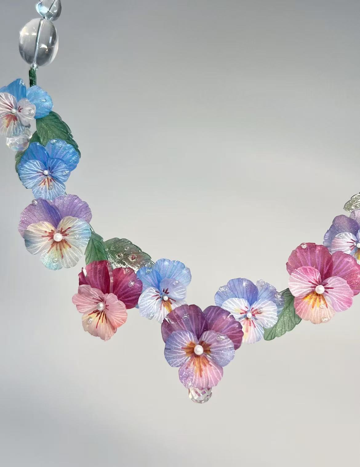 Crystal and Pansy Flower Delicate Necklace
