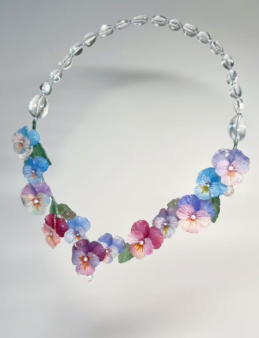 Crystal and Pansy Flower Delicate Necklace